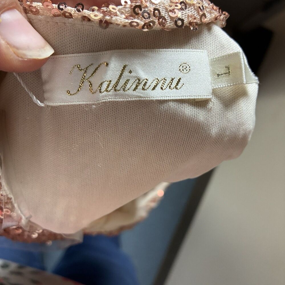 Kalinnu Beaded Shoulder Sequin Gown Rose Gold Draped Formal Dress Slit L Wedding - Picture 8 of 13